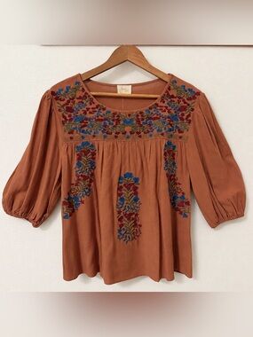 Layerz Burnt Orange Boho Embroidered Peasant Blouse with 3/4 Sleeves